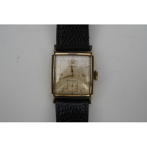 118 - A gentleman's late 1940's gold plated Longines manual wind wrist watch, on a later associated leathe... 