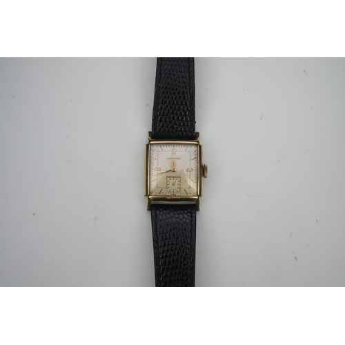 118 - A gentleman's late 1940's gold plated Longines manual wind wrist watch, on a later associated leathe... 