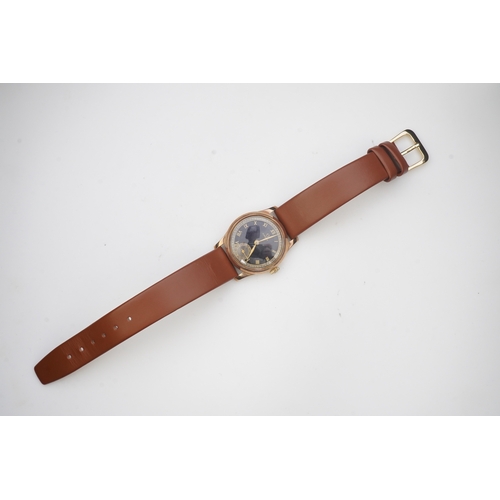 122 - A gentleman's 1940's 9ct gold Omega manual wind wrist watch, on a later associated leather strap, wi... 