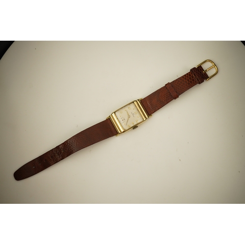 126 - A gentleman's 1950's? 14k gold Hamilton manual wind wrist watch, on a later associated leather strap... 