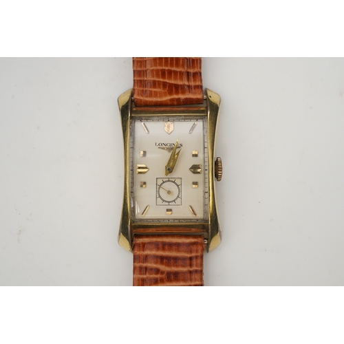 127 - A gentleman's 1950's 10k gold filled Longines manual wind wrist watch, on a later associated leather... 