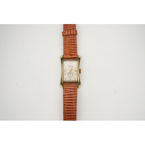 127 - A gentleman's 1950's 10k gold filled Longines manual wind wrist watch, on a later associated leather... 