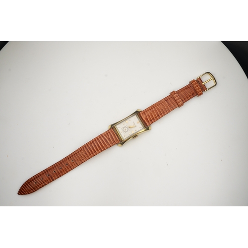 127 - A gentleman's 1950's 10k gold filled Longines manual wind wrist watch, on a later associated leather... 