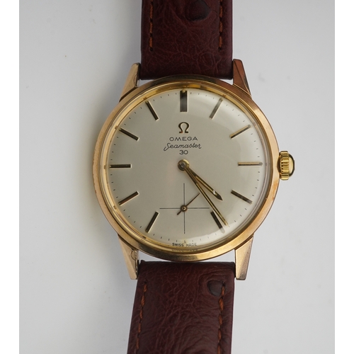 128 - A gentleman's early 1960's steel and gold plated Omega Seamaster 30 manual wind wrist watch, on a la... 