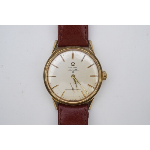 129 - A gentleman's steel and gold plated Omega Seamaster 30 manual wind wrist watch, on a later associate... 