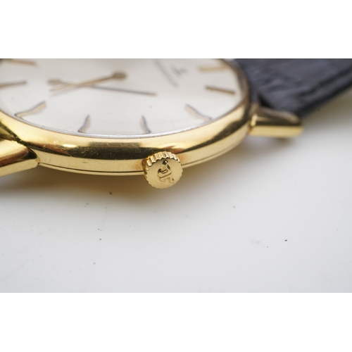 130 - A gentleman's 18ct gold Jaeger LeCoultre manual wind dress wrist watch, on a later associated leathe... 