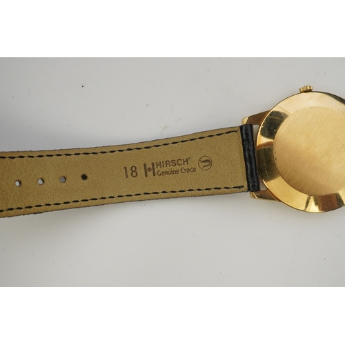 130 - A gentleman's 18ct gold Jaeger LeCoultre manual wind dress wrist watch, on a later associated leathe... 