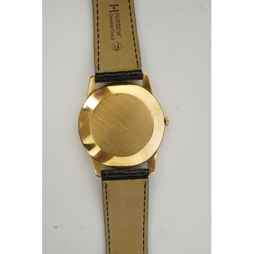 130 - A gentleman's 18ct gold Jaeger LeCoultre manual wind dress wrist watch, on a later associated leathe... 