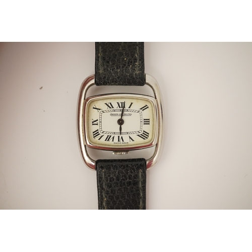 133 - A lady's stainless steel Jaeger LeCoultre Etrier manual back wind wrist watch, with shaped Roman dia... 