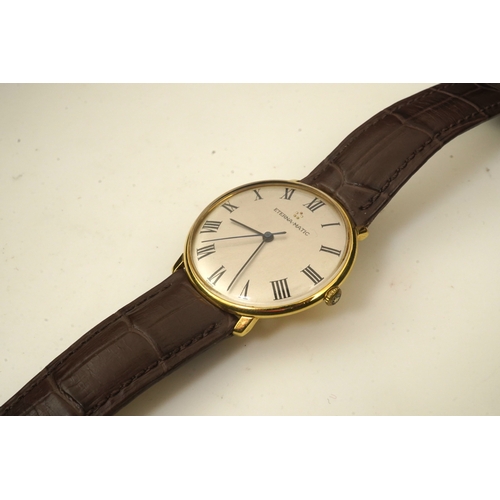 142 - A gentleman's 18ct gold Eterna-Matic manual wind dress wrist watch, on a later associated Hirsch lea... 