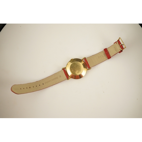 143 - A gentleman's 1950's 18ct gold Jaeger LeCoultre manual wind wrist watch, on a later associated leath... 