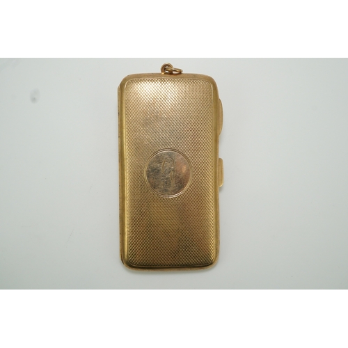 151 - A George V 9ct gold cigarette case, circa 1919, with engine turned decoration and engraved with the ... 