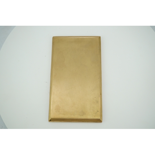 152 - A 9ct gold cigarette case, circa 1950, of rectangular outline with engine turned decoration to the e... 