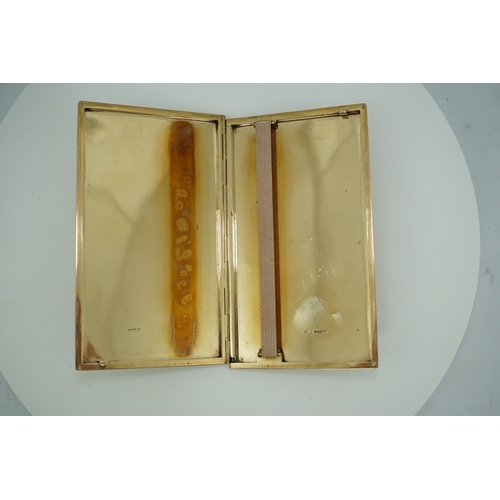 152 - A 9ct gold cigarette case, circa 1950, of rectangular outline with engine turned decoration to the e... 