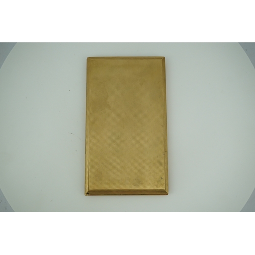 152 - A 9ct gold cigarette case, circa 1950, of rectangular outline with engine turned decoration to the e... 