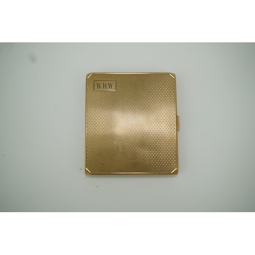 153 - A 9ct gold cigarette case, circa 1930 of square outline, the exterior with engine turned decoration ... 