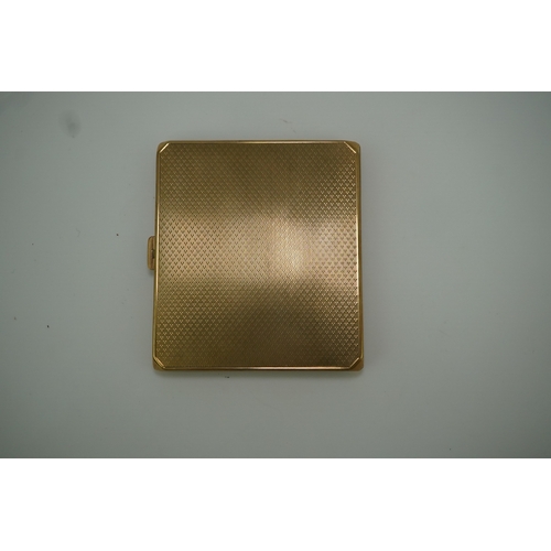 153 - A 9ct gold cigarette case, circa 1930 of square outline, the exterior with engine turned decoration ... 