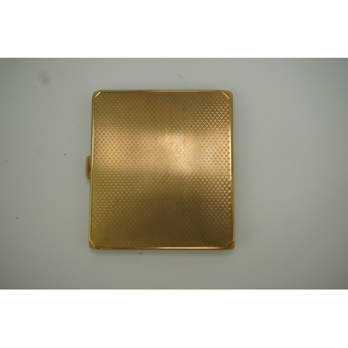 153 - A 9ct gold cigarette case, circa 1930 of square outline, the exterior with engine turned decoration ... 