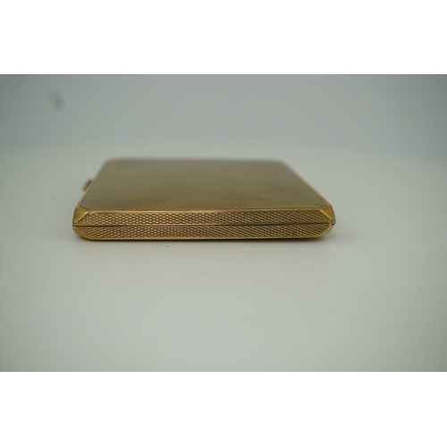 153 - A 9ct gold cigarette case, circa 1930 of square outline, the exterior with engine turned decoration ... 