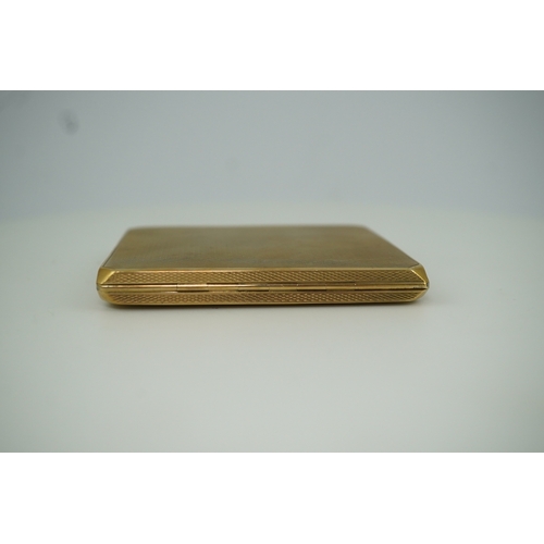 153 - A 9ct gold cigarette case, circa 1930 of square outline, the exterior with engine turned decoration ... 