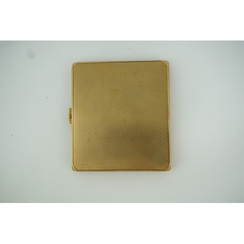 153 - A 9ct gold cigarette case, circa 1930 of square outline, the exterior with engine turned decoration ... 