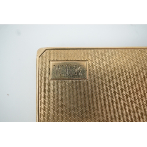 153 - A 9ct gold cigarette case, circa 1930 of square outline, the exterior with engine turned decoration ... 