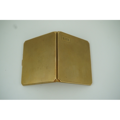 153 - A 9ct gold cigarette case, circa 1930 of square outline, the exterior with engine turned decoration ... 