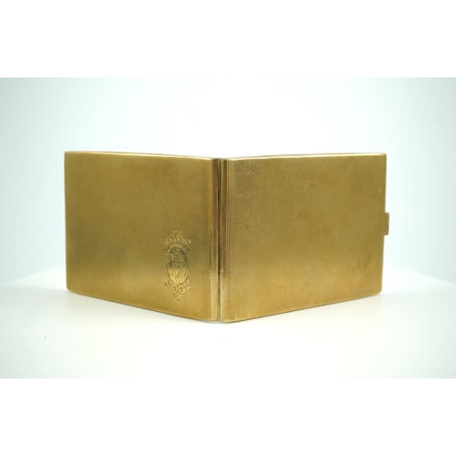 155 - A 9ct gold cigarette case, circa 1929, with engine turned decoration and engraved monogram, length 1... 