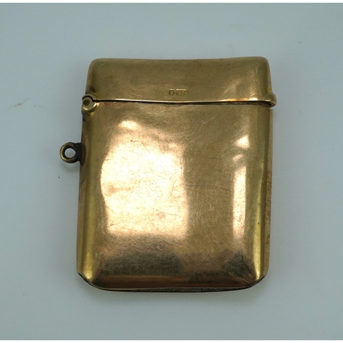 156 - An Edwardian 9ct gold vesta case, circa 1909, with a gold appliqué monogram SA, length 49mm, British... 