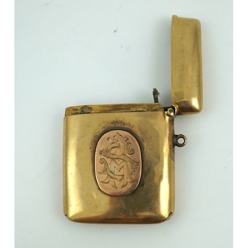 156 - An Edwardian 9ct gold vesta case, circa 1909, with a gold appliqué monogram SA, length 49mm, British... 