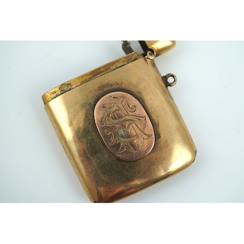 156 - An Edwardian 9ct gold vesta case, circa 1909, with a gold appliqué monogram SA, length 49mm, British... 