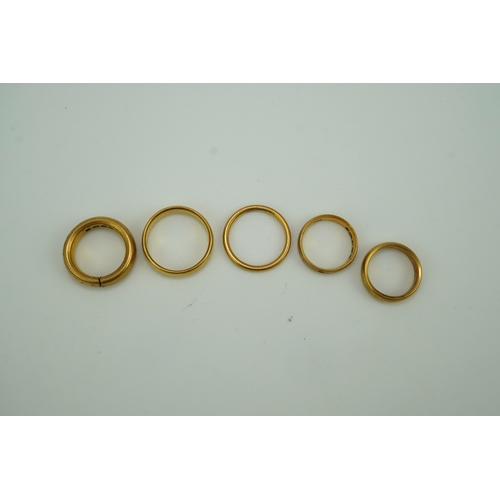 157 - Five 22ct gold wedding bands, each with British hallmarks, combined gross weight 33 grams