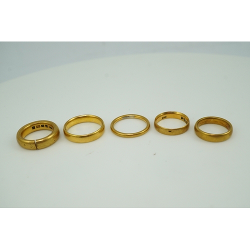 157 - Five 22ct gold wedding bands, each with British hallmarks, combined gross weight 33 grams