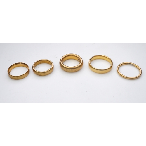 157 - Five 22ct gold wedding bands, each with British hallmarks, combined gross weight 33 grams