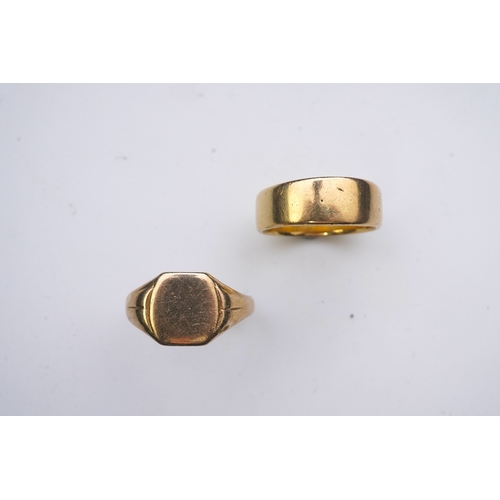 158 - Two gold rings, comprising: a gold wedding band, size U/V, stamped 18CT, gross weight 10.1 grams; an... 