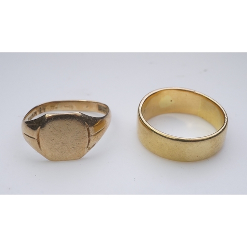 158 - Two gold rings, comprising: a gold wedding band, size U/V, stamped 18CT, gross weight 10.1 grams; an... 