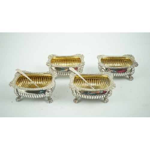 16 - A set of four late George III demi-fluted silver salts by William Eaton?, of rounded rectangular for... 