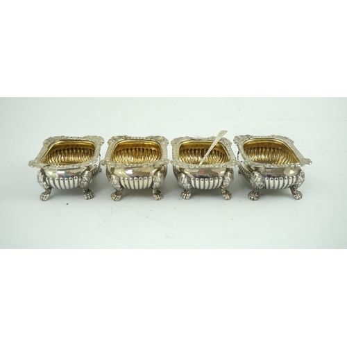 16 - A set of four late George III demi-fluted silver salts by William Eaton?, of rounded rectangular for... 