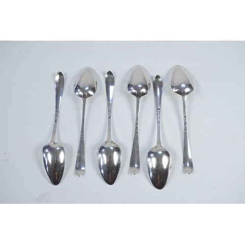 17 - A set of six George III Irish silver bright cut engraved serving/table spoons by John Pittar, with e... 