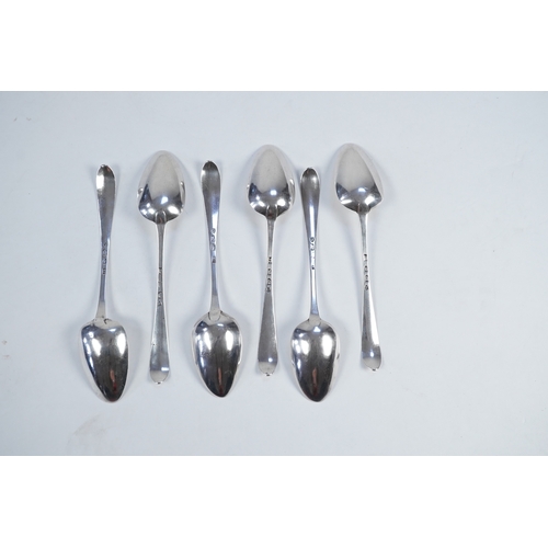 17 - A set of six George III Irish silver bright cut engraved serving/table spoons by John Pittar, with e... 