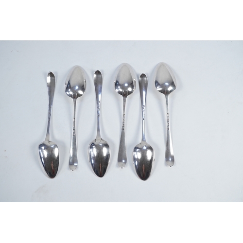 17 - A set of six George III Irish silver bright cut engraved serving/table spoons by John Pittar, with e... 