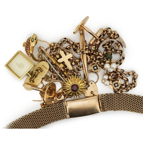 172 - A collection of jewels, comprising: a 9ct gold mesh watch strap with deployant clasp, British hallma... 