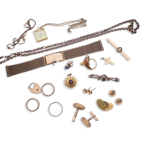 172 - A collection of jewels, comprising: a 9ct gold mesh watch strap with deployant clasp, British hallma... 