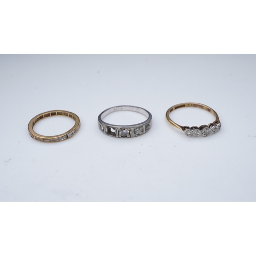 174 - Three diamond rings, comprising: a five-stone diamond ring, stamped 18CT & PLAT; an eternity ring ch... 