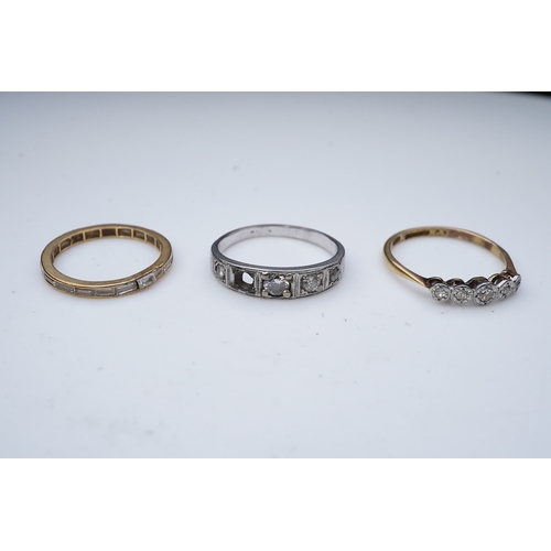 174 - Three diamond rings, comprising: a five-stone diamond ring, stamped 18CT & PLAT; an eternity ring ch... 