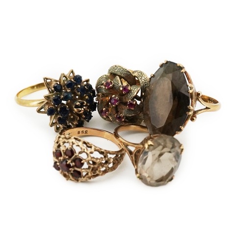 177 - Five gem-set rings, comprising: a ring set with a cluster of circular-cut sapphires, stamped 14K; tw... 