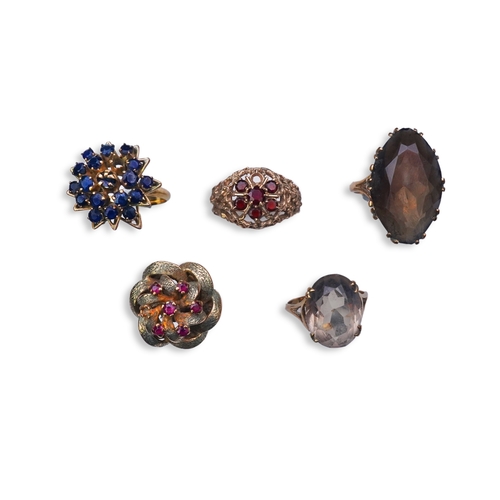 177 - Five gem-set rings, comprising: a ring set with a cluster of circular-cut sapphires, stamped 14K; tw... 