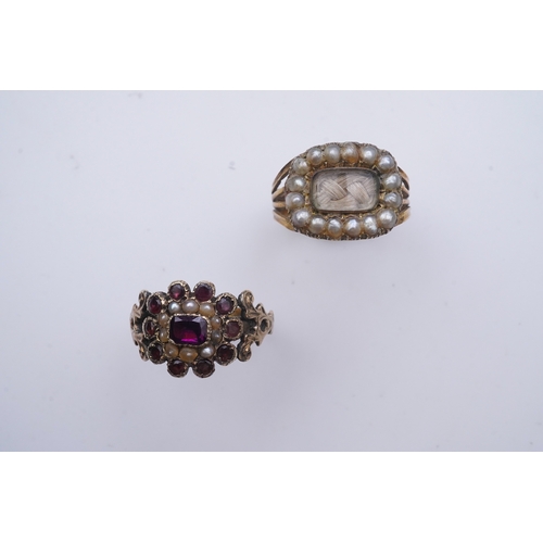 183 - A George III seed pearl mourning ring and a garnet and seed pearl ring, mid 19th century, the seed p... 