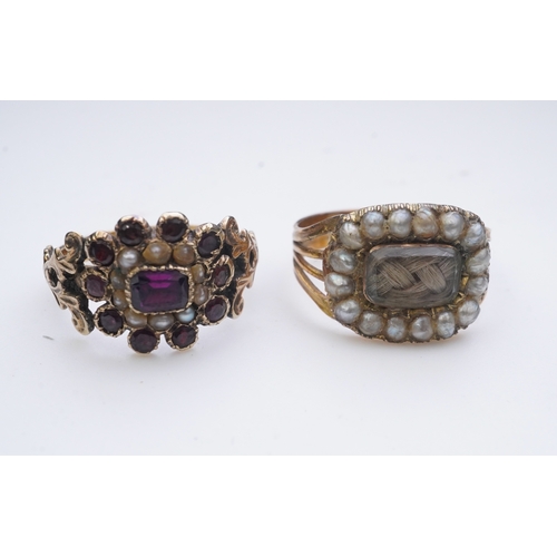 183 - A George III seed pearl mourning ring and a garnet and seed pearl ring, mid 19th century, the seed p... 