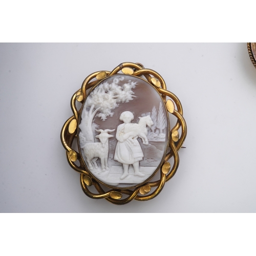 188 - Three shell cameo brooches, 20th century comprising: one depicting a young girl holding a baby goat ... 